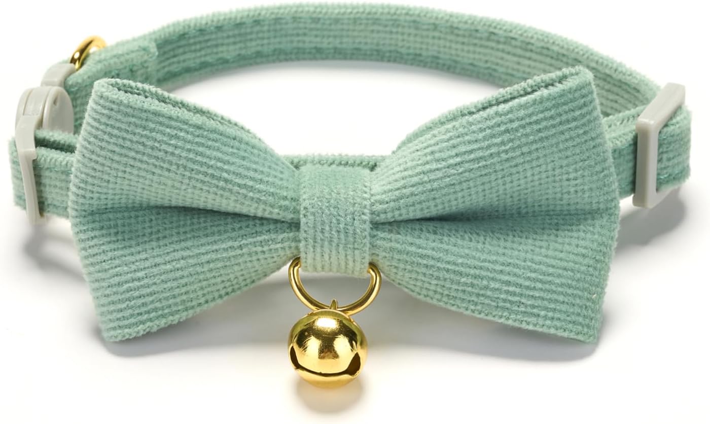2 Pack Soft Corduroy Cat Collars with Bow Tie & Bell, Adjustable Breakaway Cotton Kitty Bowtie Collar for Female Male Cats(White & Grass Green)